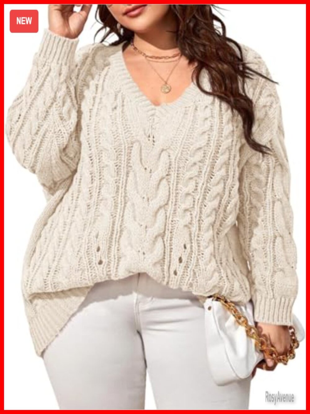 Womens Plus Size Cable Knit V Neck Long Sleeve Pullover Sweater Tunic Top